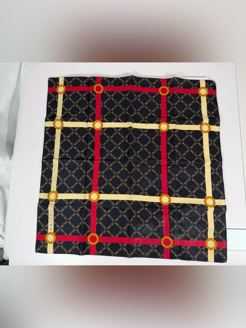 Celine Vintage Japan Market Cotton Scarf Navy Blue Red Gold Logo Print